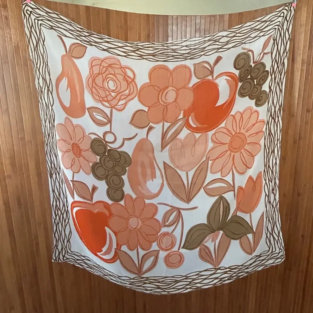 Vintage 60s 70s Silk Chiffon Scarf Retro Floral Fruit Orange Brown Large 34x34